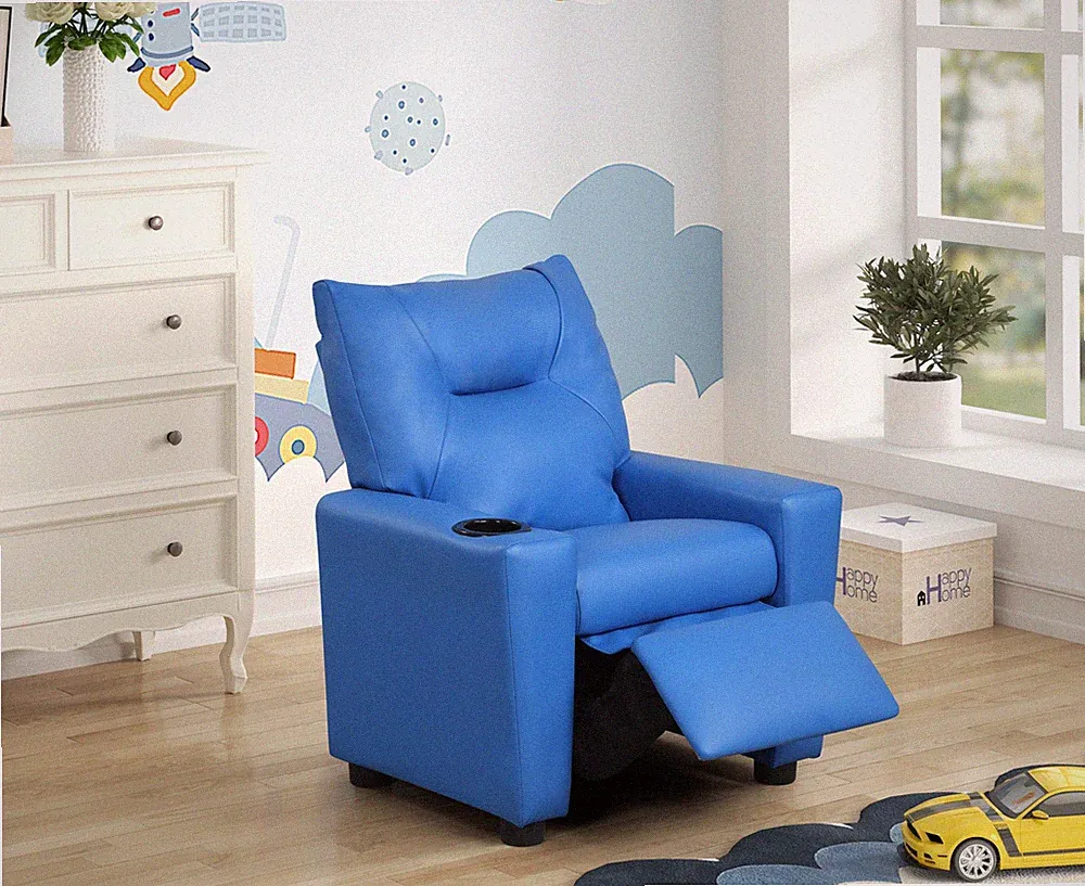 23"W Blue PVC Fabric Kids Recliner Chair with Cupholder