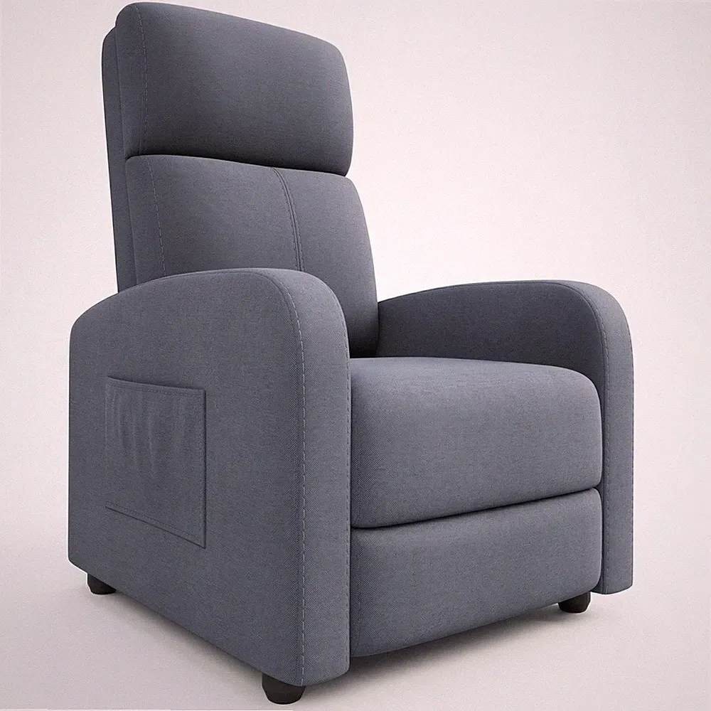 Push Back Recliner Chair Linen Upholstered Reading Chair w/ Side Pocket Adult