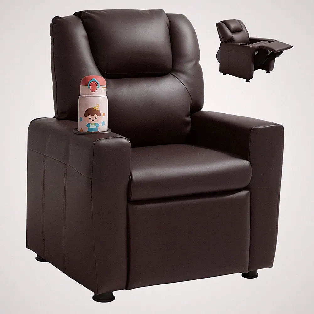 Uimoso Kids Reclining Chair PU Leather Toddler Recliner with Cup Holder (Brown)
